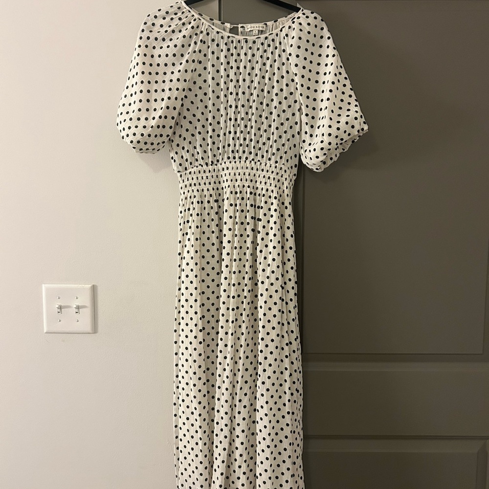 Moon River Black and White Polka Dot Puff Sleeve Maxi Dress